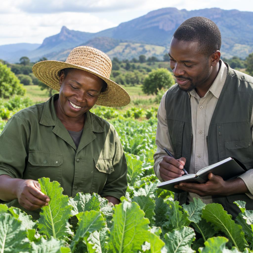 Illustrative image of a farmer and agricultural advisor inspecting crops